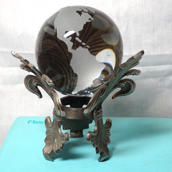 Globe of Planet Earth Etched Glass Crystal Paperweight 3” On Stand - Picture 1 of 9